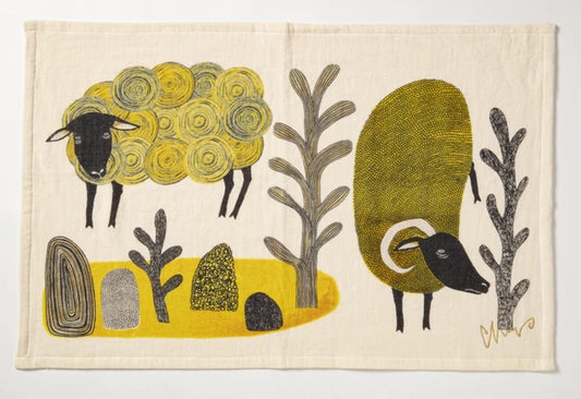 Tea Towel Tenugui - Sheep (Let's Come and Get It)/Yellow 45x70cm