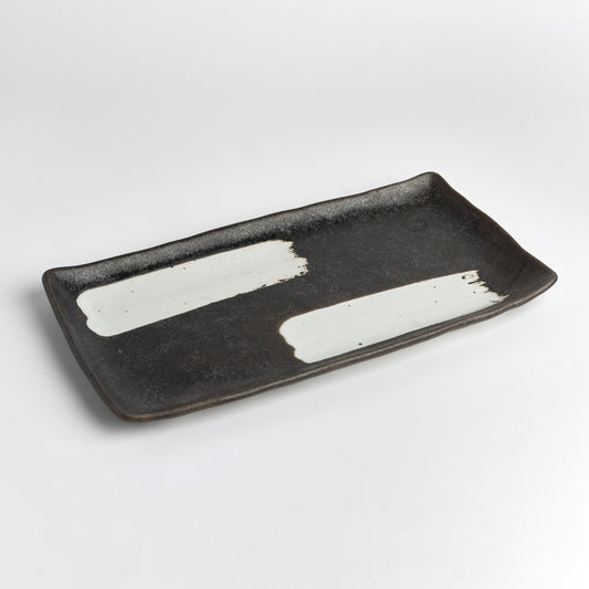 Matt black with white brush platter rectangular 34cm