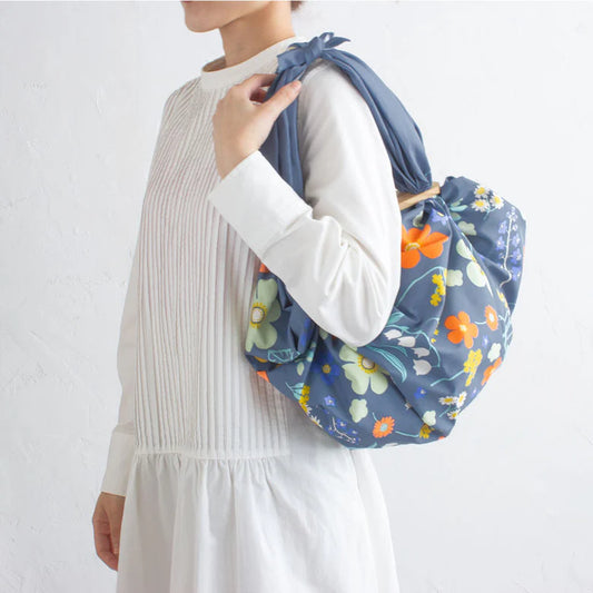 Furoshiki Patchin Bag L Organic - Flower Garden, Grey Navy