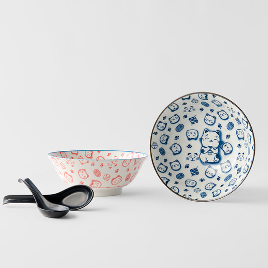 Blue & Red Maneki Cat ramen bowl gift set for two 20cm