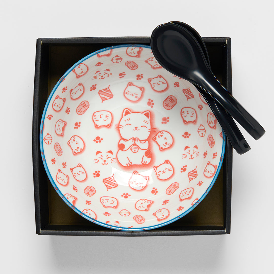 Blue & Red Maneki Cat ramen bowl gift set for two 20cm