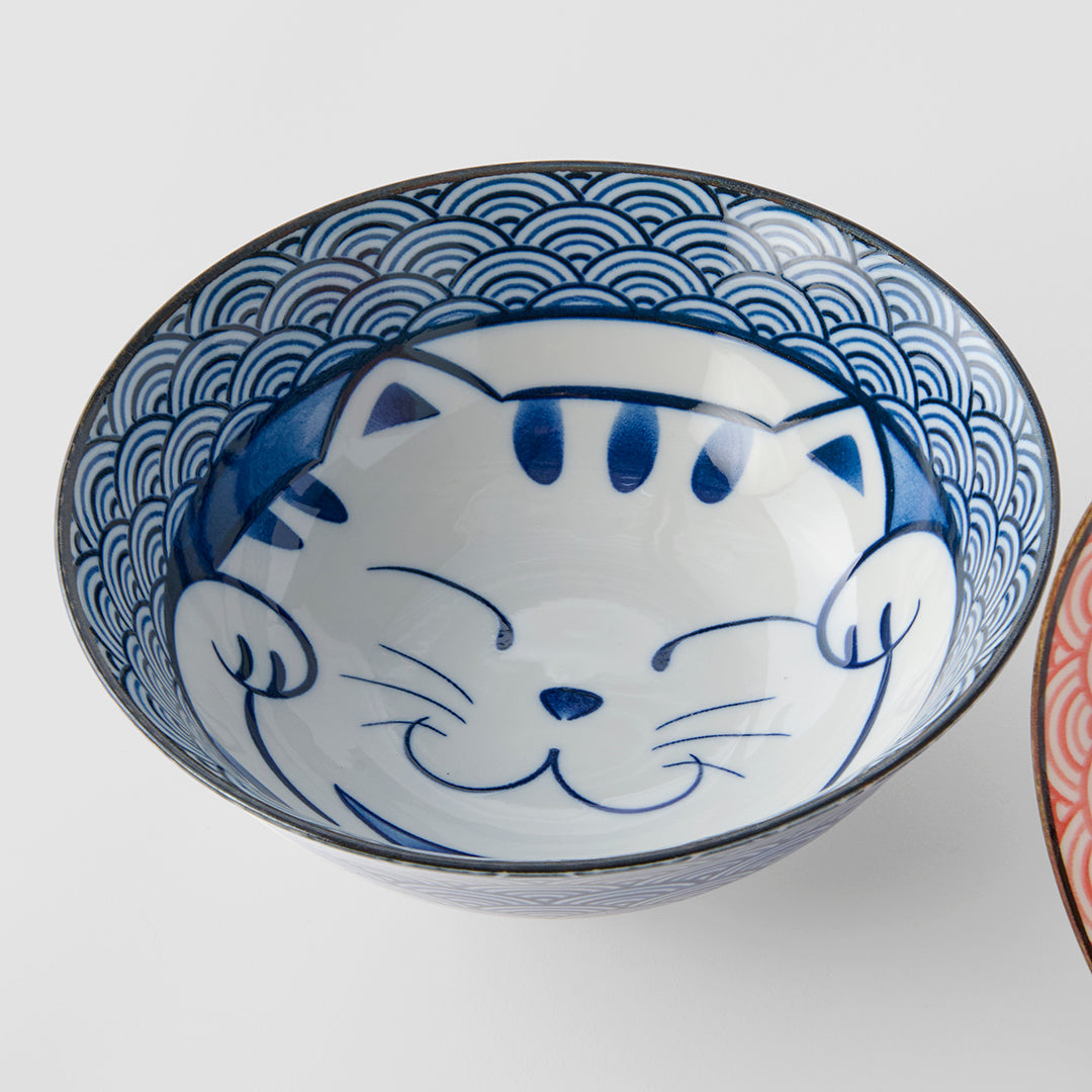 Blue & Red Maneki Cat ramen bowl gift set for two 20cm