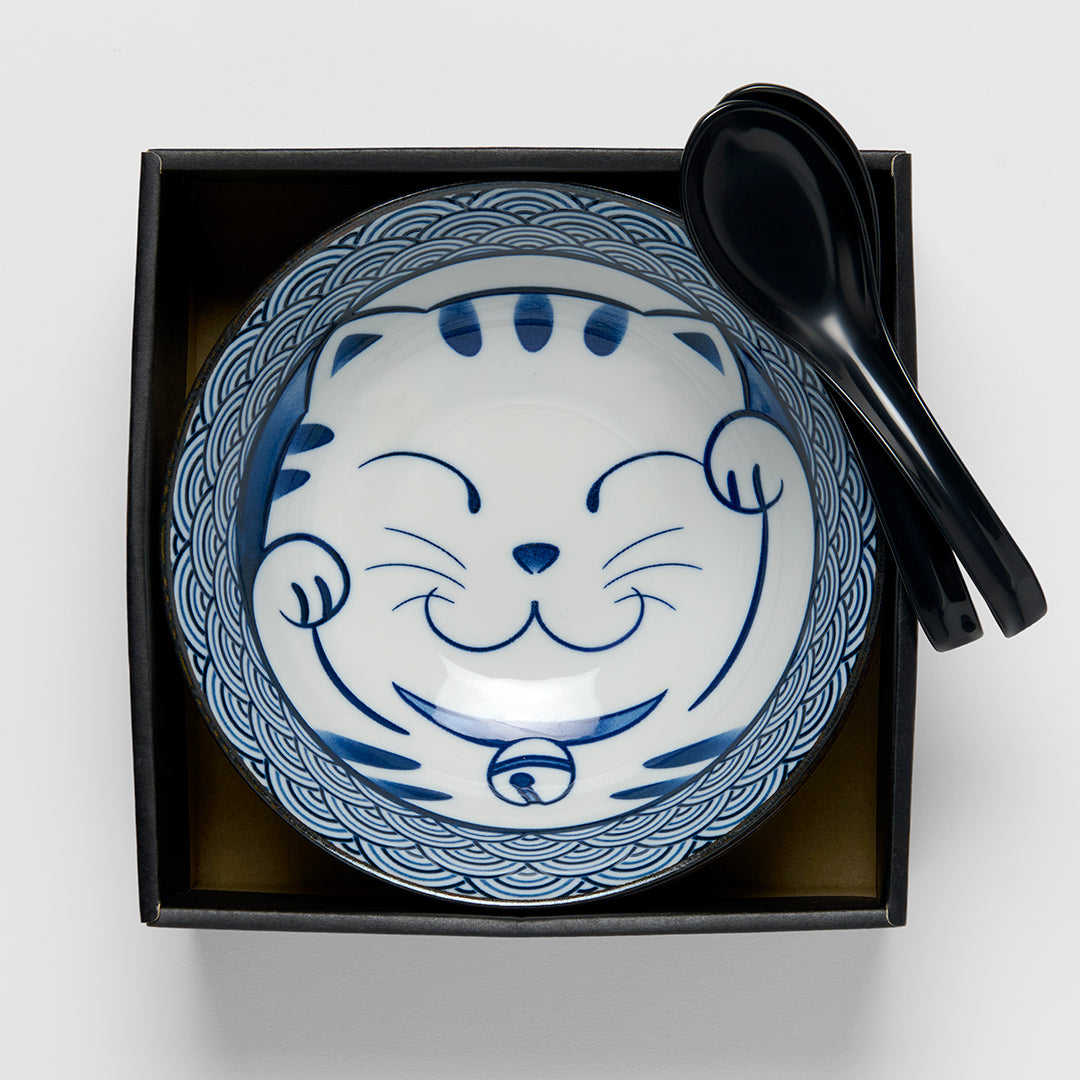 Blue & Red Maneki Wave ramen bowl gift set for two 20cm