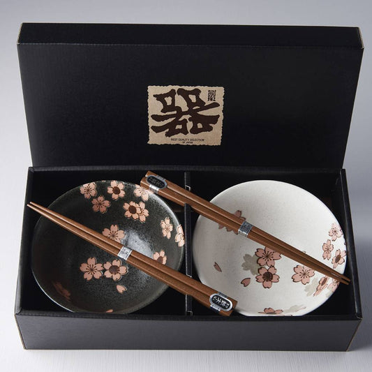 White & black cherry blossom 2 piece boxed bowl set 15cm