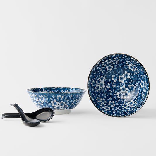 Deep Blue Sakura ramen bowl gift set for two 20cm