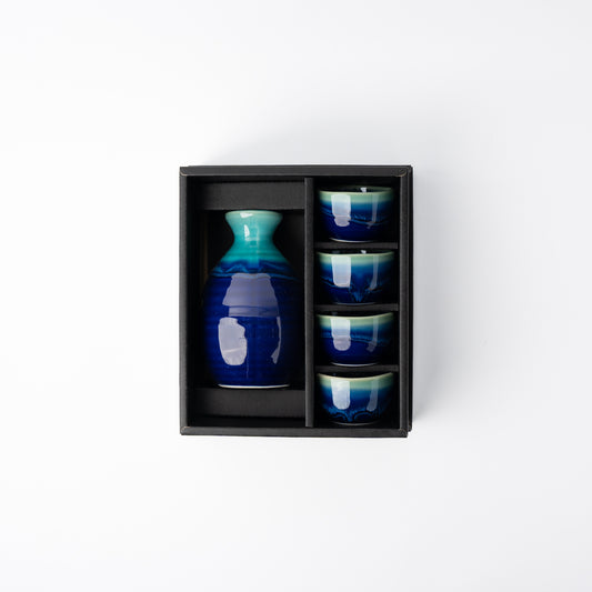 Gift Sake Set For Four 330ml Cobalt & Teal Drip