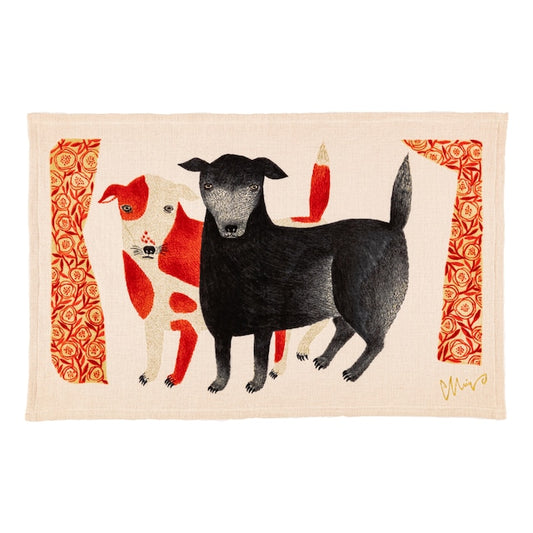 Tea Towel Tenugui: Black Dog Chalk and Red Spotted Dog/ Red 45x70cm