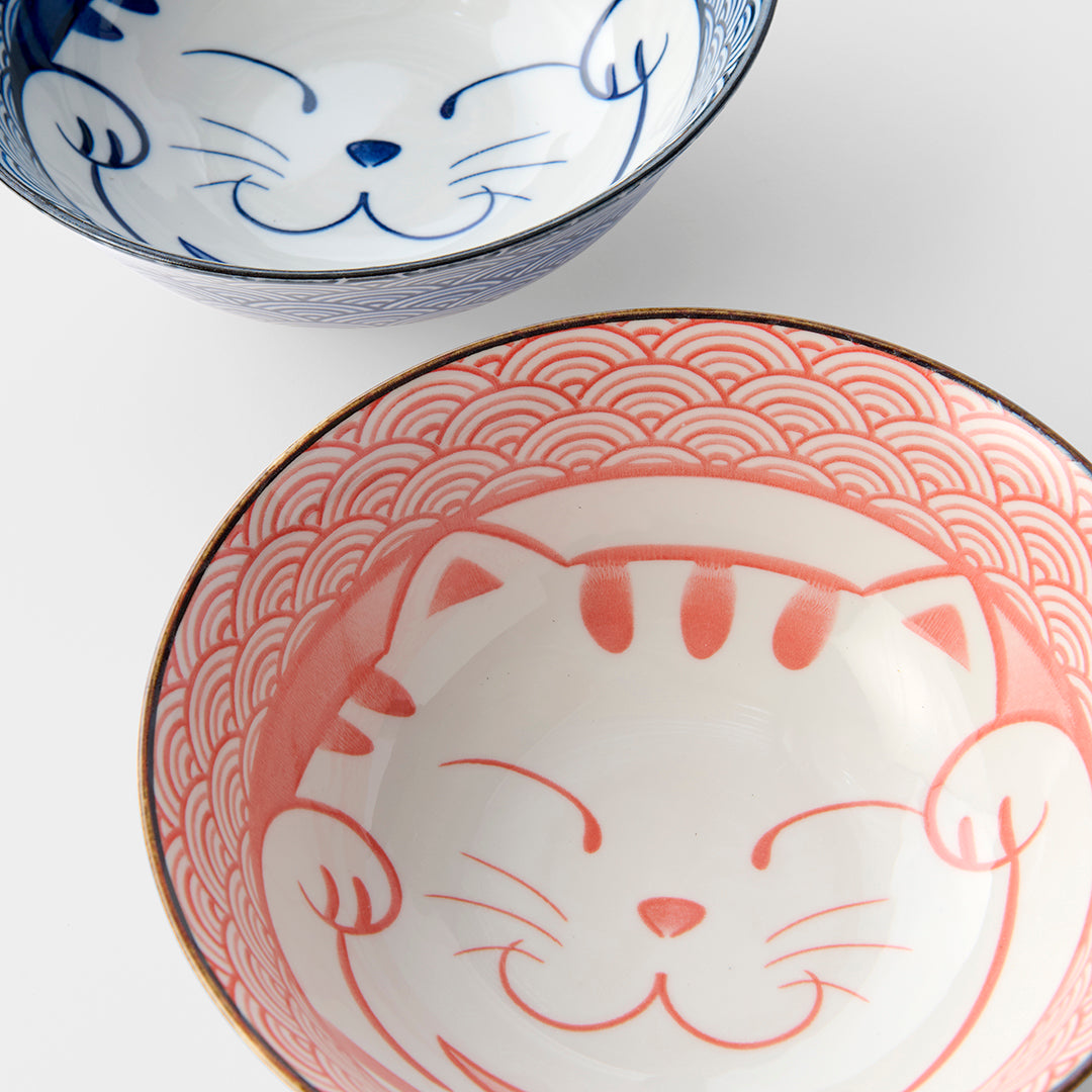 Blue & Red Maneki Wave ramen bowl gift set for two 20cm