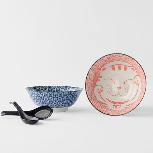 Blue & Red Maneki Wave ramen bowl gift set for two 20cm