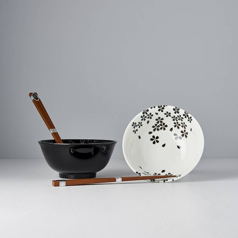 Black & white sakura 2 piece boxed bowl set 15cm